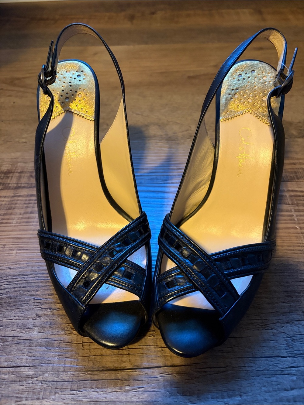 Cole Haan Black Leather Crisscross Peep-Toe Slingback Heels